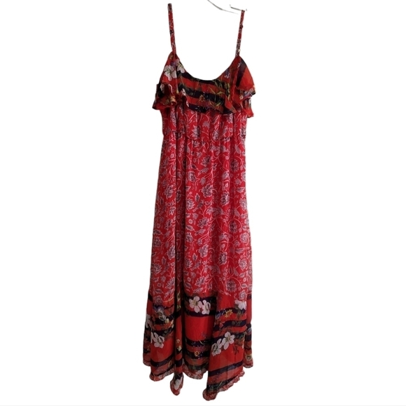Anthropologie One September Zuri Midi Dress Small Red Floral Stripes Ruffles - Picture 7 of 9